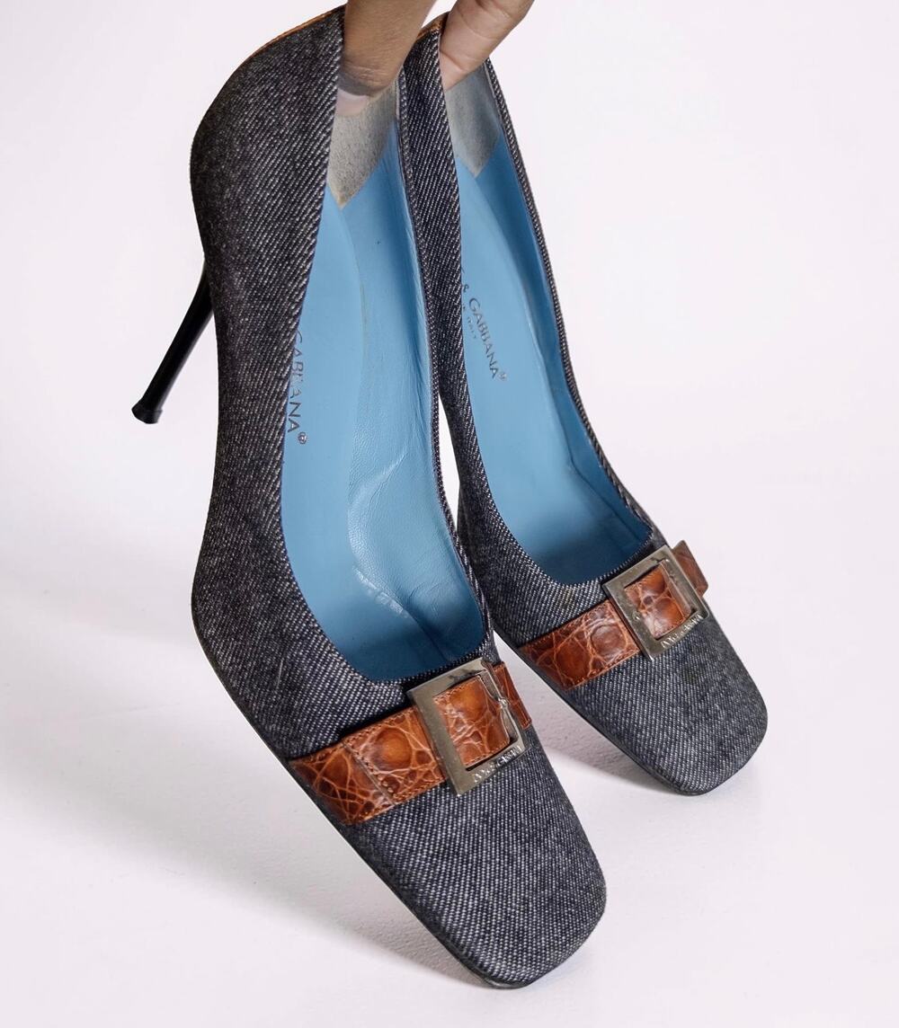 Dolce & Gabbana Denim Croc Buckle Square Toe Pumps Italy EU 37.5